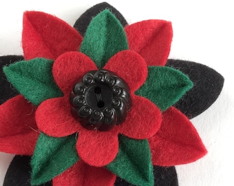 Kwanzaa Felt Flower Pin - Red Green and Black with Vintage Bundt Black Button