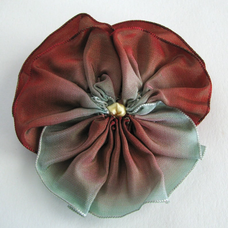 Burgundy Red to Mint Green Ribbon Pansy Pin Handmade Christmas Brooch image 1