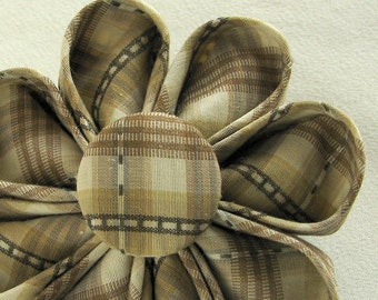 Tan Plaid Silk Flower Brooch - Handmade Retro Style Boutonniere - Recycled