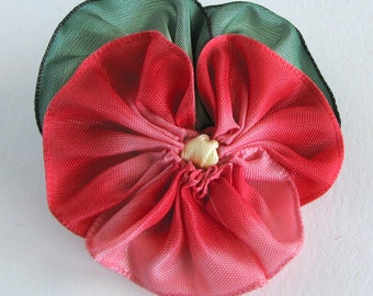 Christmas Red and Green Small Pansy Pin - Vintage French Ribbon - Handmade