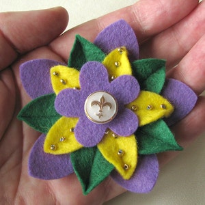 Mardi Gras Felt Flower Pin with Vintage White and Gold Fleur de Lys Button and Beads Handmade Boutonniere image 3