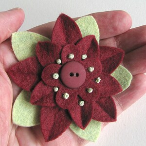 Garnet and Pistachio Felt Flower Pin with Garnet Button and French Knots image 1