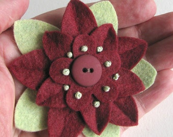 Garnet and Pistachio Felt Flower Pin with Garnet Button and French Knots