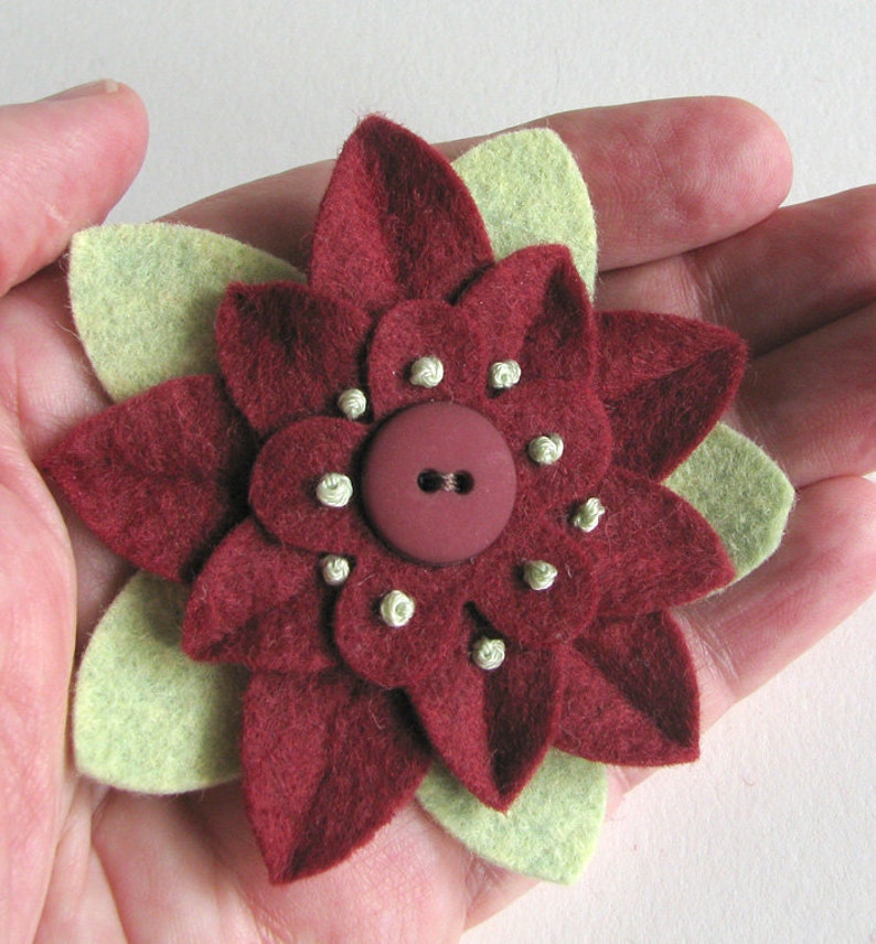 Garnet and Pistachio Felt Flower Pin with Garnet Button and French Knots image 1