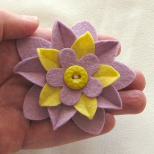 Yellow and Lilac Felt Flower Pin with Vintage Button Easter image 3