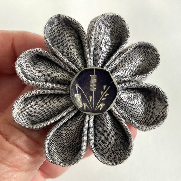 Small Gray Silk Lapel Pin with Victorian Etched Pewter Picture Button - Handmade Boutonniere