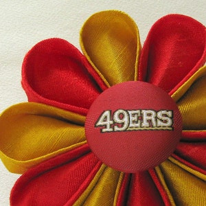 San Francisco 49ers Red and Gold Silk Kanzashi Flower Pin with Logo Button Lapel Pin image 2