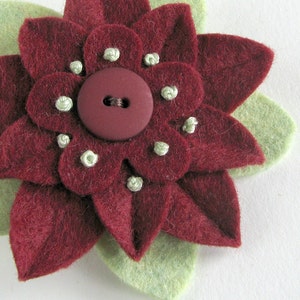 Garnet and Pistachio Felt Flower Pin with Garnet Button and French Knots image 2