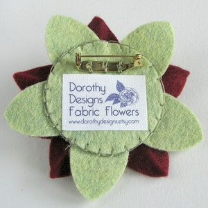 Garnet and Pistachio Felt Flower Pin with Garnet Button and French Knots image 4