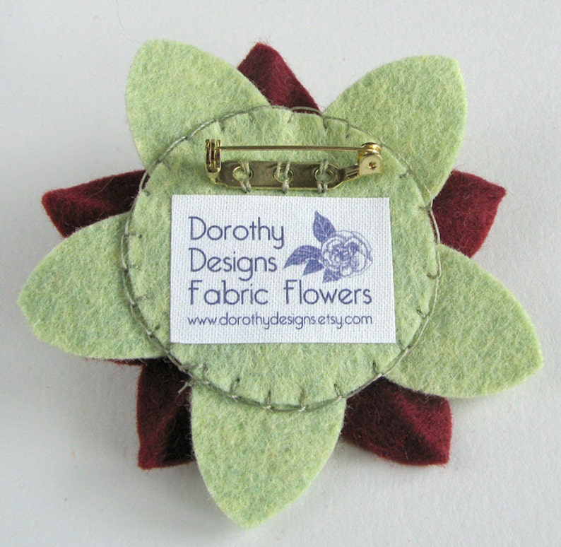 Garnet and Pistachio Felt Flower Pin with Garnet Button and French Knots image 4