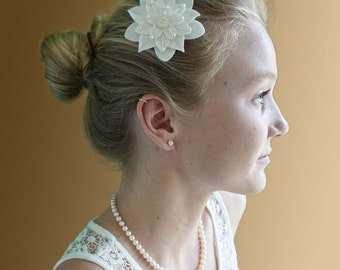 White on White Felt Flower Hair Clip with Vintage White Button, Pearls and Hand Embroidery - Easter