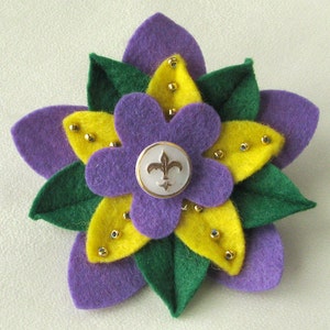 Mardi Gras Felt Flower Pin with Vintage White and Gold Fleur de Lys Button and Beads Handmade Boutonniere image 2