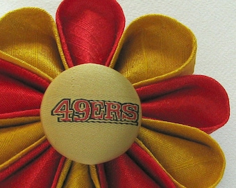 San Francisco 49ers Red and Gold Silk Kanzashi Flower Pin with Logo Button - Handmade Boutonniere