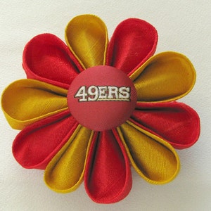 San Francisco 49ers Red and Gold Silk Kanzashi Flower Pin with Logo Button Lapel Pin image 1