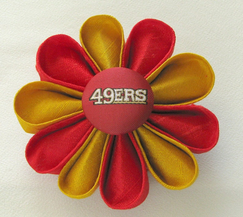 San Francisco 49ers Red and Gold Silk Kanzashi Flower Pin with Logo Button Lapel Pin image 1