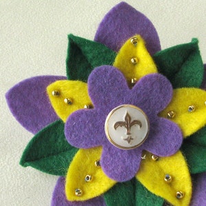 Mardi Gras Felt Flower Pin with Vintage White and Gold Fleur de Lys Button and Beads Handmade Boutonniere image 1