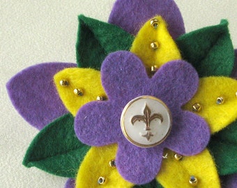 Mardi Gras Felt Flower Pin with Vintage White and Gold Fleur de Lys Button and Beads - Handmade Boutonniere