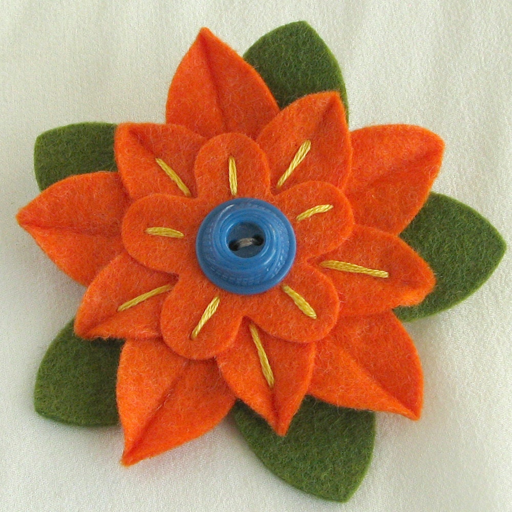 Orange Felt Flower Pin With Blue Vintage Button and Hand Etsy
