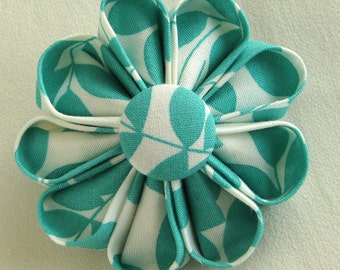 Aqua and White Leafy Print Flower Pin, Summer Fashion Accessory