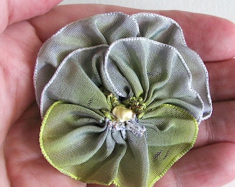 Small Pansy Pin Lilac to Chartruese Green - Vintage French Ribbon - Handmade