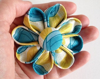 Turquoise and Yellow Flower Hair Clip - Floral Barrette for Spring