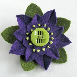 Purple and Green Felt Flower Pin with Chartruese Deco Vintage Button and French Knots image 2