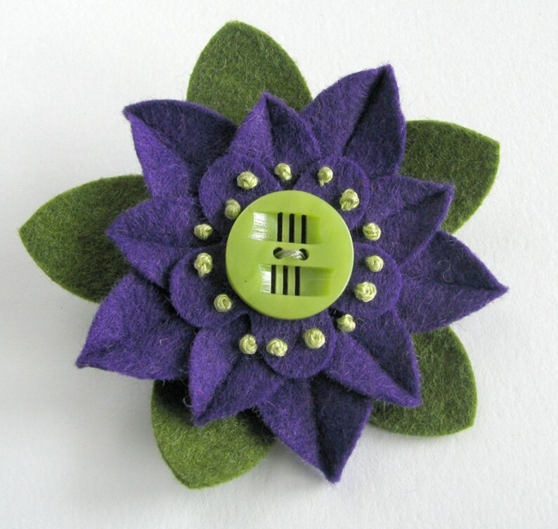 Purple and Green Felt Flower Pin with Chartruese Deco Vintage Button and French Knots image 2