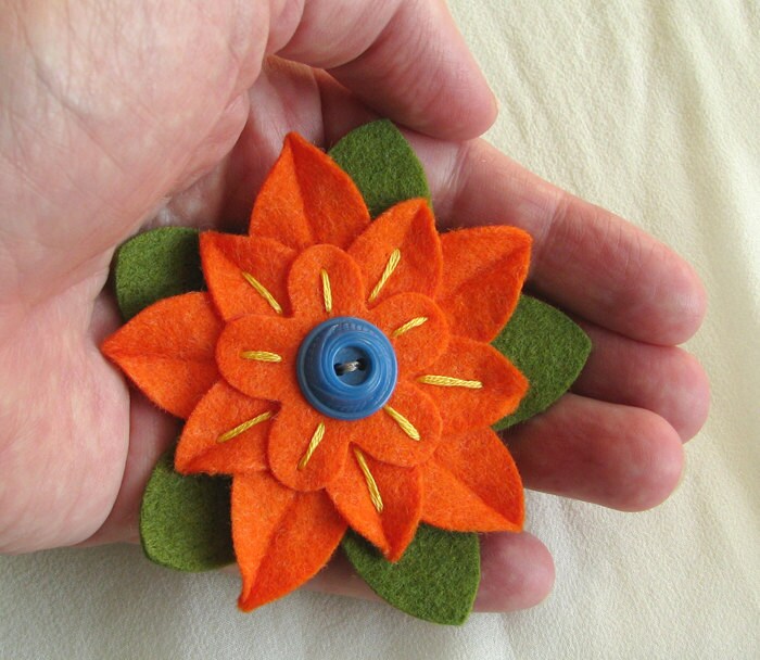 Orange Felt Flower Pin With Blue Vintage Button and Hand Etsy