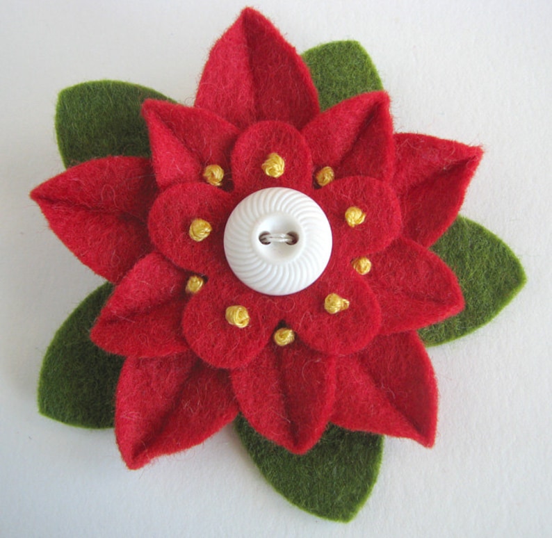Christmas Felt Flower Pin Red Poinsettia With Vintage White Etsy