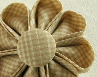 Silk Flower Brooch in Tan Gingham with Matching Button, Lapel Pin