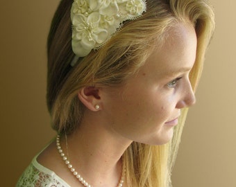 Statement Headband - Ivory Silk Satin Floral Ribbonwork - Adjustable - Vintage Style