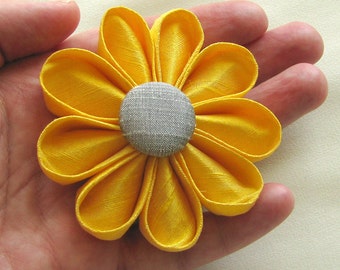 Yellow Silk Kanzashi Flower Pin with Grey Button, Wedding Fashion Accessory, Boutonniere