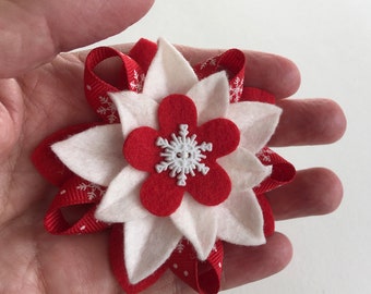 Winter Holiday Felt Brooch/Ornament - Bright Red & White with Snowflake Button and Snowflake Ribbon - Christmas Boutonniere