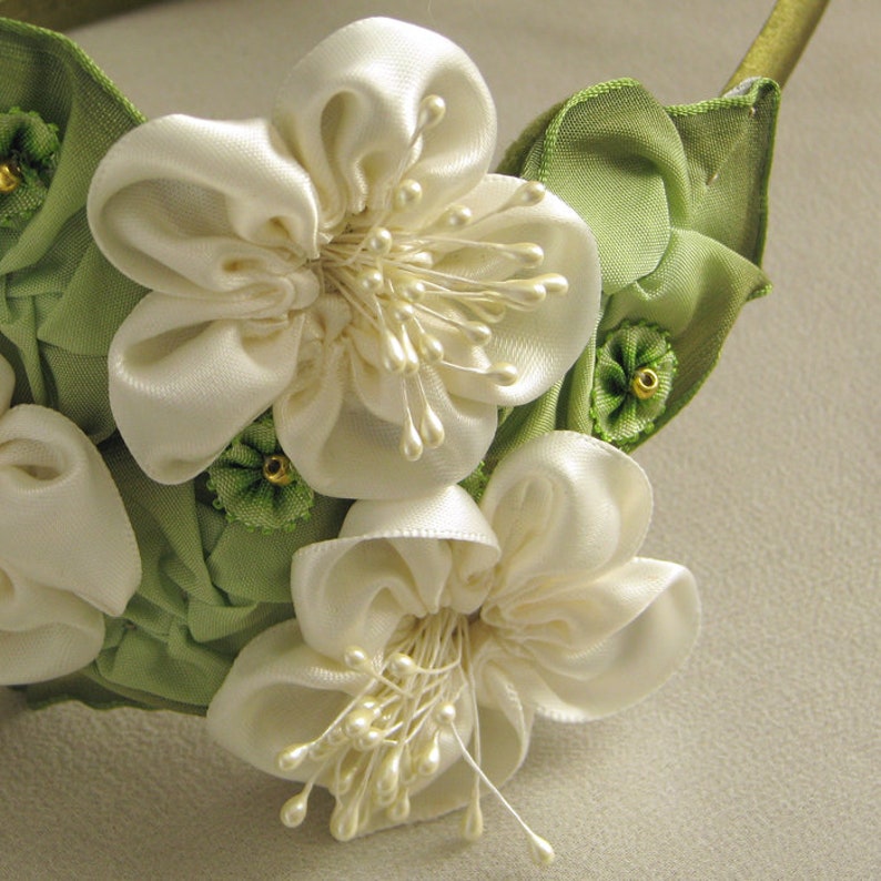 Ivory Silk Satin Bridal Flower Headband Handmade Ribbonwork Etsy