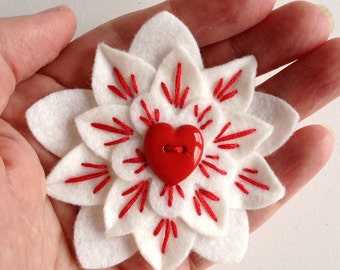 Heart Felt Lapel Pin Sacred Heart White with Red Heart Button and Embroidery - Handmade Corazón en Llamas