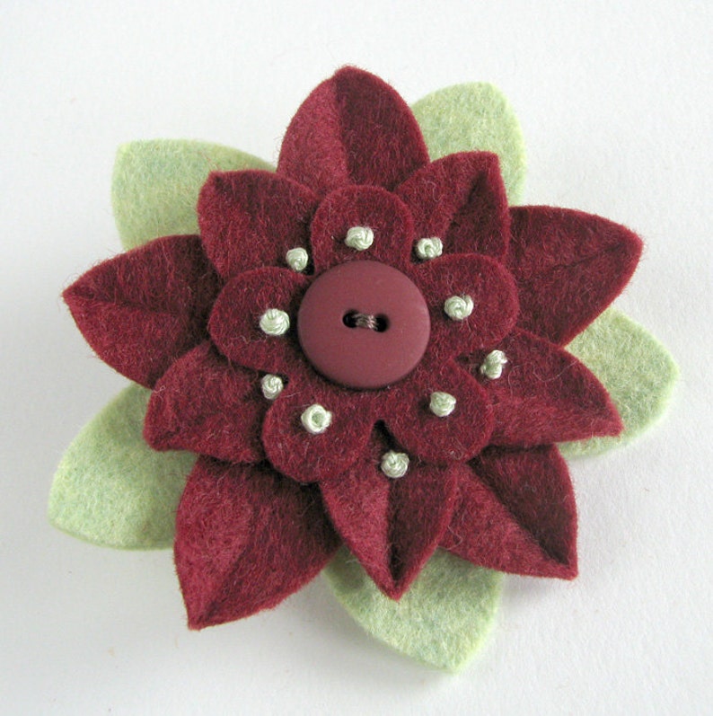 Garnet and Pistachio Felt Flower Pin with Garnet Button and French Knots image 3