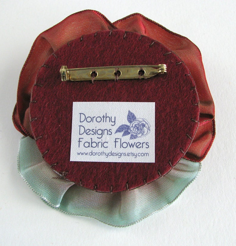 Burgundy Red to Mint Green Ribbon Pansy Pin Handmade Christmas Brooch image 3