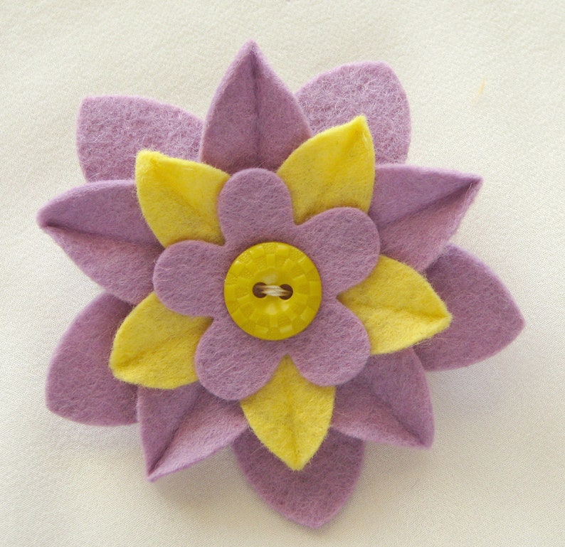 Yellow and Lilac Felt Flower Pin with Vintage Button Easter image 1