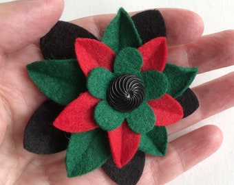 Kwanzaa Felt Flower Pin - Red Green and Black with Vintage Swirl Black Button