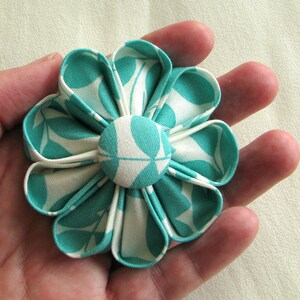 Aqua and White Leafy Print Flower Pin, Summer Fashion Accessory image 2