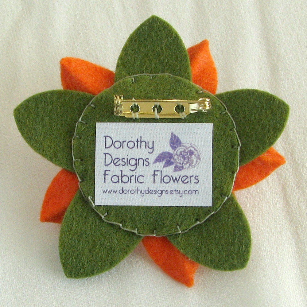 Orange Felt Flower Pin With Blue Vintage Button and Hand Etsy