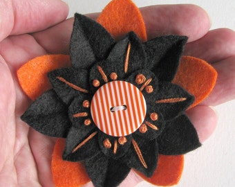 Felt Flower Pin Halloween Black and Orange with Orange and White Button - SF Giants Colors