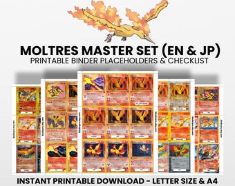 Moltres (English & Japanese) Master Set with Checklist | Pokémon Printable Placeholders for Binder