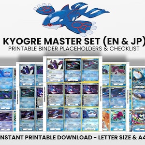 Può includere: Una stampa digitale con un design Kyogre, con il testo "KYOGRE MASTER SET (EN & JP)" e "PRINTABLE BINDER PLACEHOLDERS & CHECKLIST". L'immagine include più design di carte collezionabili e il testo "INSTANT PRINTABLE DOWNLOAD - LETTER SIZE & A4".