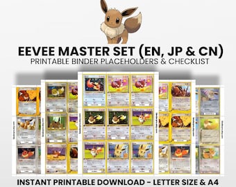 Eevee (English, Japanese & Chinese) Master Set with Checklist | Pokémon Printable Placeholders for Binder
