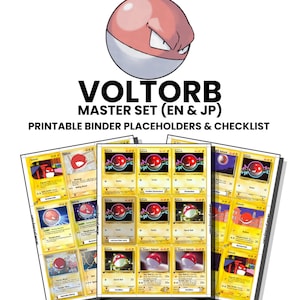 以下が含まれることがあります： Voltorbトレーディングカードバインダー用プレースホルダーとチェックリストのデジタルコレクション。グラフィックには、赤と白のVoltorbキャラクターと、VOLTORB MASTER SET (EN & JP) PRINTABLE BINDER PLACEHOLDERS & CHECKLISTというテキストが表示されています。