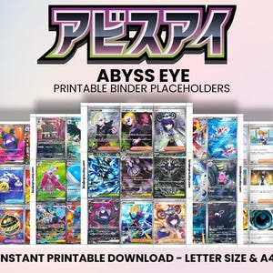 Puede incluir: Un conjunto de marcadores de carpeta imprimibles con diversos diseños coloridos. El texto "ABYSS EYE" se muestra en caracteres japoneses e inglés. Los marcadores están etiquetados como "PRINTABLE BINDER PLACEHOLDERS" y están disponibles para descarga instantánea.