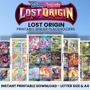 Könnte beinhalten: Eine Sammlung druckbarer Binder-Platzhalter mit verschiedenen farbenfrohen Sammelkarten-Designs. Das Bild enthält den Text "SWORD & SHIELD LOST ORIGIN" und "INSTANT PRINTABLE DOWNLOAD - LETTER SIZE & A4". Die Karten haben unterschiedliche Charaktere und Designs.