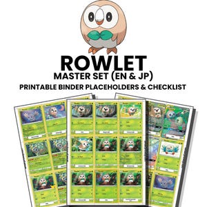 Puede incluir: Un conjunto de marcadores y lista de verificación imprimibles para carpetas del set Rowlet, con un personaje de búho de dibujos animados en la parte superior. El documento incluye varias páginas en cuadrícula con ilustraciones de cartas Rowlet.