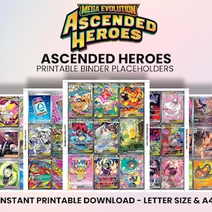 Puede incluir: Una colección de marcadores imprimibles Ascended Heroes. La imagen presenta varios diseños de cartas coleccionables coloridas con el texto "MEGA EVOLUTION ASCENDED HEROES" en la parte superior. Las cartas están dispuestas en filas y columnas, con el texto "INSTANT PRINTABLE DOWNLOAD - LETTER SIZE & A4" en la parte inferior.